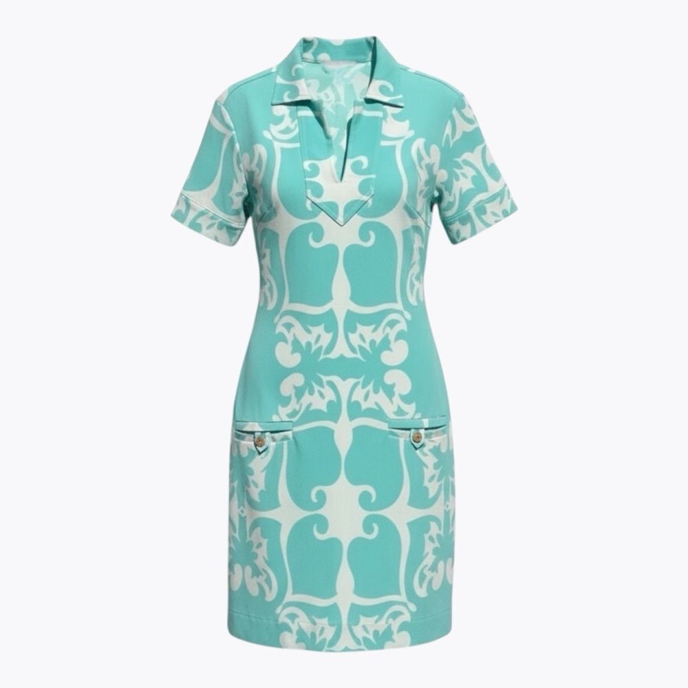 Tori Richard Aqua Ocean Print Mini Dress Medium Resort Coastal NWOT